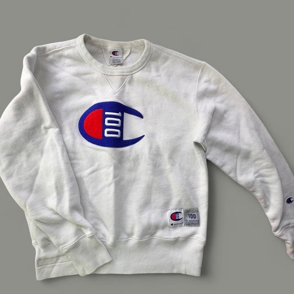 Champion White Crewneck Sweatshirt with Blue & Red Logo Patch